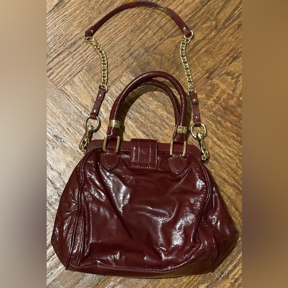 Vintage Cole Haan Burgundy Red Patent Leather Bag Purse Gold Accents - Picture 3 of 10